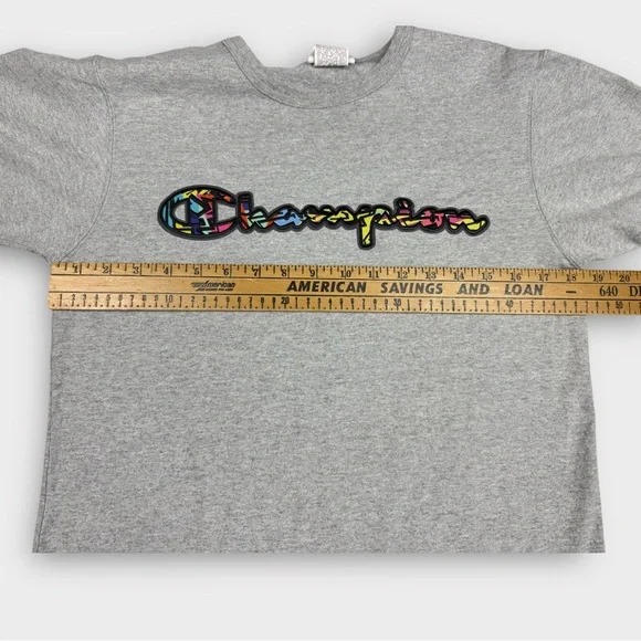 Champion Mens T-Shirt Medium Gray Colorful Graffiti Script Logo Short Sleeve Tee - Picture 7 of 7